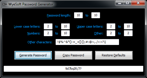 Screenshot of WyeSoft Password Generator v1.00